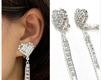 Plata Diamante Gota Dangle Clip En Pendientes Cristal Nupcial Fiesta No Perforada