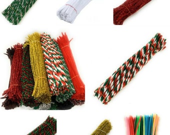 Pack of 100 Red White Tinsel Stripes Pipe Cleaners Chenille Stems Kids Craft Christmas Colours 30cm x 6mm
