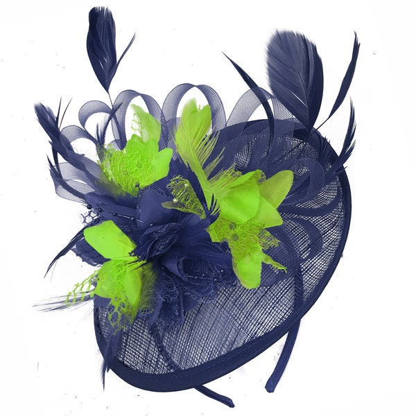 Caprilite Sinamay Navy Blue and Lime Apple Green Disc Saucer Fascinator Hat for Women Weddings Headband