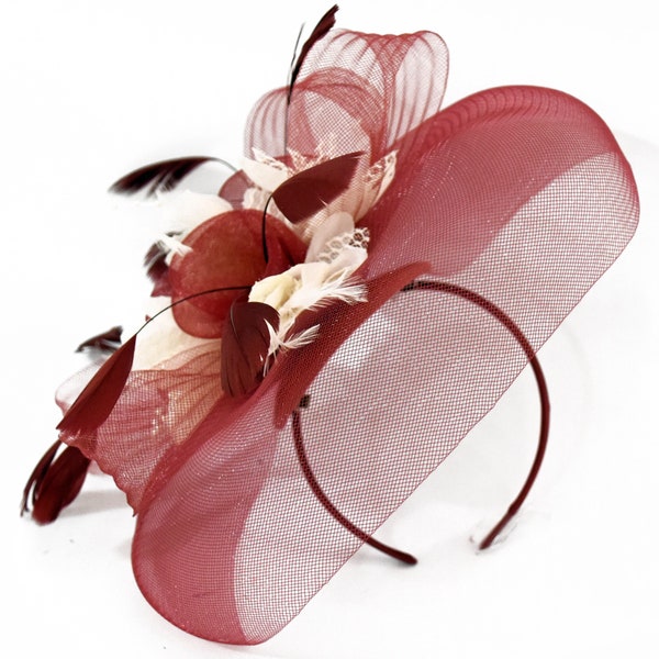 Caprilite Big Burgundy Cream Fascinator Hat Veil Net Hair Clip Ascot Derby Races Wedding Headband Feather Flower