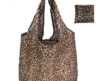 Handmade Extra Large Reusable Foldable Ladies Grocery Shopping Bag Eco Tote Handbag Fold Away Bag UK - Classic Leopard Print