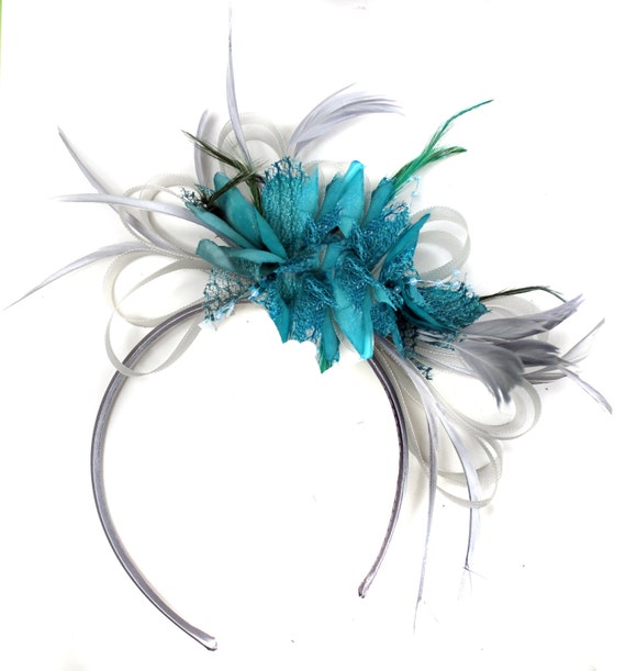 Cream Turquoise Teal Navy Fascinator on Headband UK Wedding Ascot Races Loop 