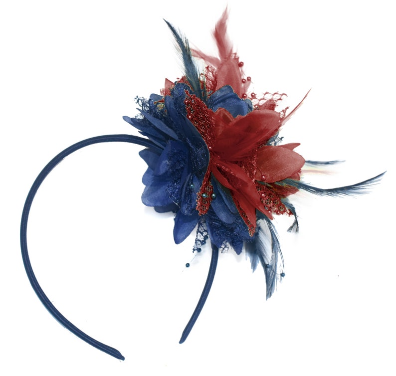 Caprilite Navy and Burgundy Fascinator Headband Hair Band Flower Corsage image 1