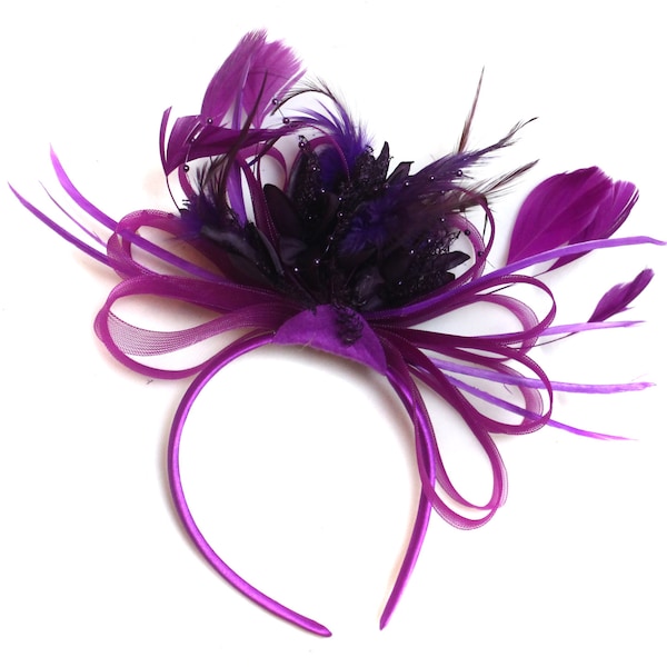 Caprilite Plum Magenta and Dark Purple Fascinator on Headband Alice Band UK Wedding Ascot Races Loop