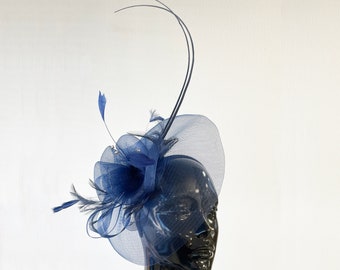 Navy Net Veil Round Fascinator with long Spine Feather and Crystals for Weddings Derby Races Ascot