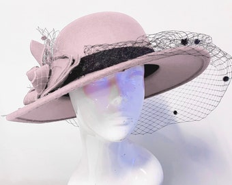 Pink Large Brim Felt Fedora Formal Hat Wool Mix Occasion Birdcage Veil Netting Hatinator Fascinator