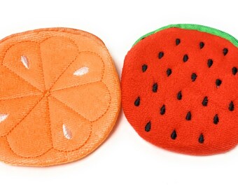 2 Cute Girls Soft Plush Fruit Coin Wallet Pouch Money Purse Party Bag Filler Gift Set - Orange and Watermelon