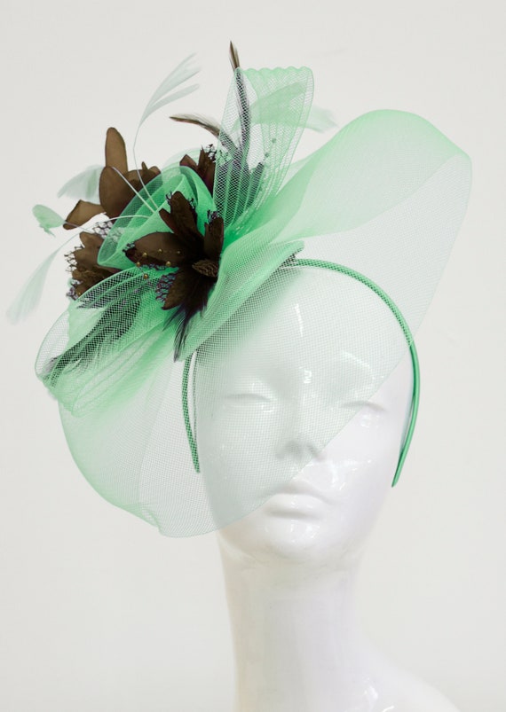 Caprilite Big Mint Green and Brown Fascinator Hat Veil Net | Etsy