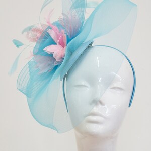 Big Light Turquoise Blue and Baby Pink Fascinator Hat Veil Net Ascot Derby Races Wedding Headband Feather