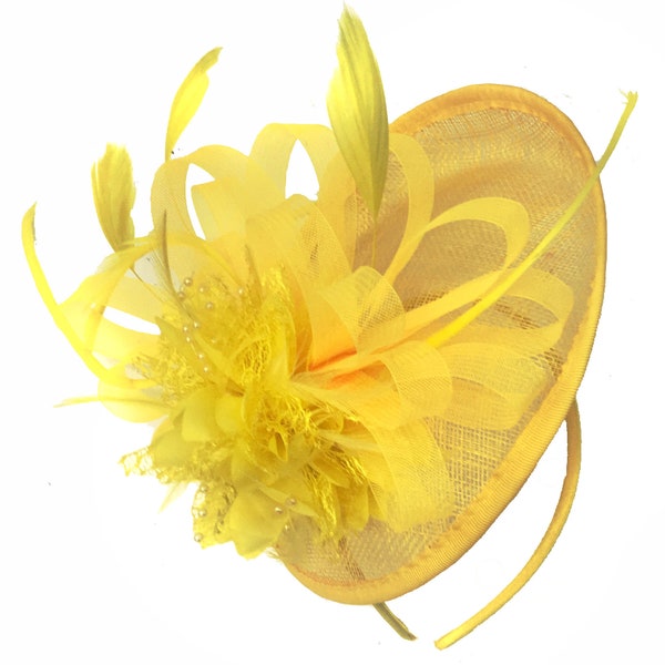 Caprilite Disc Saucer Sinamay Yellow Fascinator on Headband Alice Band Wedding Ascot Races