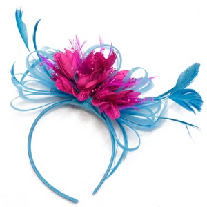 Caprilite Light Blue Aqua and Fuchsia Hot Pink Feathers Fascinator Headband Ascot Wedding