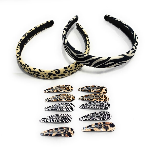 Damen Mädchen Leopard Print Zebra Streifen STIRNBAND Haar Feder Snap Clips Bendies Sleepies Geschenk Set UK