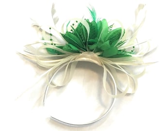 Caprilite Cream Hoop & Jade Forest Green Feathers Fascinator On Headband