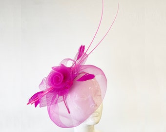 Fuchsia Hot Pink Net Veil Round Fascinator with long Spine Feather and Crystals for Weddings Derby Races Ascot