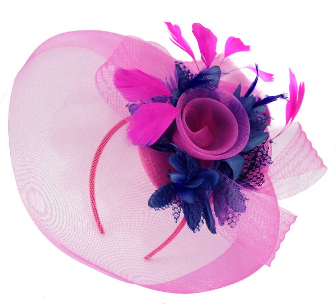 Caprilite Fuchsia Hot Pink and Navy Blue Fascinator Hat Veil Net Hair ...