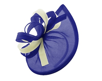 Caprilite Vegan MoonMix Hoop Fascinator Hat on Headband Wedding Ascot Races Bespoke Sinamay Disc - Royal Blue Cream
