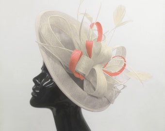 Caprilite Big Saucer Sinamay Cream ivory & Peach Mixed Colour Fascinator On Headband Wedding Derby Ascot Races Ladies