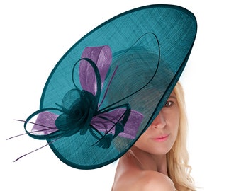 Caprilith 41cm Untertasse Sinamay Petrol Lavendel Fascinator Auf Stirnband Hochzeit Derby Ascot Rennen Damen Hut groß