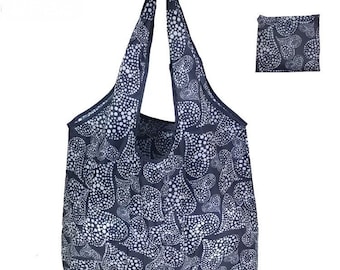 Handgemaakte extra grote herbruikbare opvouwbare dames boodschappentas Eco Tote handtas opvouwbare tas UK - Marine witte harten