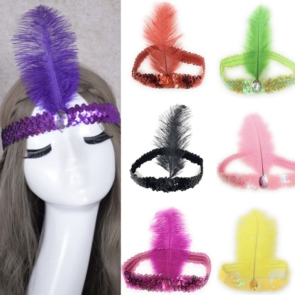 1920s Sequin Feather Headband 20s Fancy Dress Charleston Brow Band Gatsby Flapper Royaume-Uni