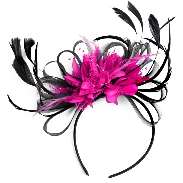 Caprilite Zwart & Fuchsia Roze Fascinator Hoofdband Bruiloft Ascot Races Loop Net