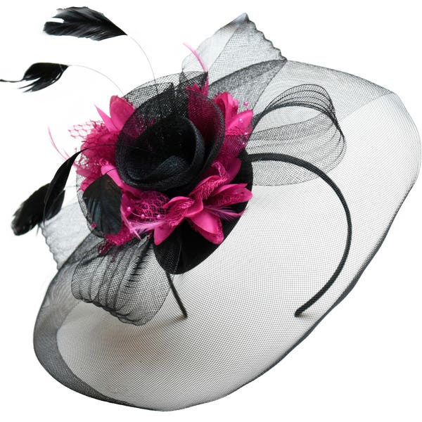 Caprilite Big Black and Fuchsia Hot Pink Fascinator Hat Veil Net Hair Clip Ascot Derby Races Wedding Headband Feather Flower