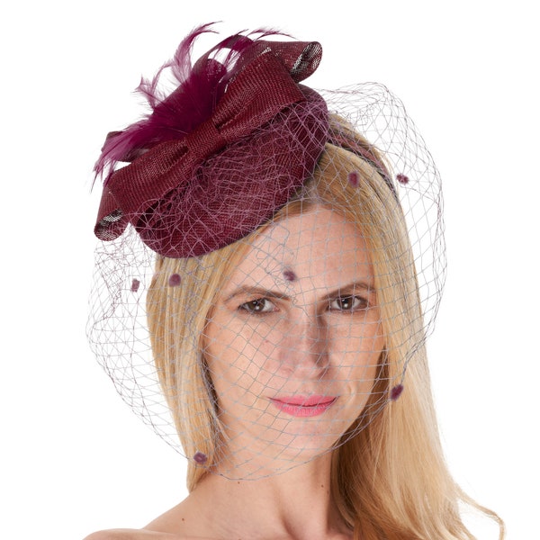 Birdcage Veil Burgundy Pillbox Bow Sinamay Headband Fascinator Weddings Ascot Hatinator Races