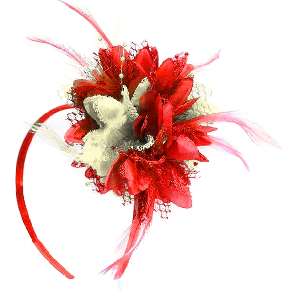 Caprilite Red & Cream Feathers Fascinator on Headband Ascot Wedding