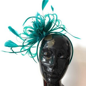 Fascinator di piume turchesi Caprilite su derby da sposa ascot fascia immagine 2