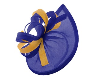 Caprilite Vegan MoonMix Hoop Fascinator Hat on Headband Wedding Ascot Races Bespoke Sinamay Disc - Royal Blue Gold