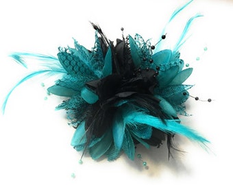 Caprilite Black and Aqua Turquoise Green Fascinator Flower Corsage on Clip Pin and Bobble