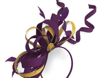 Caprilite Plum Purple and Gold Mustard Wedding Swirl Fascinator Headband  Alice Band Ascot Races Loop Net