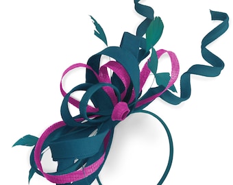 Caprilite Teal and Fuchsia Hot Pink Wedding Swirl Fascinator Headband  Alice Band Ascot Races Loop Net