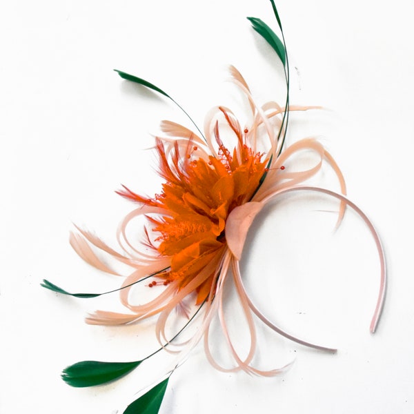 Caprilite Salmon Pink and Orange and Green Fascinator on Headband Alice Band UK Wedding Ascot Races Derby