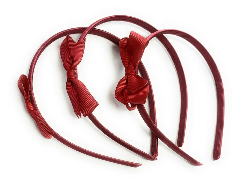 3 Set Burgundy Wine Red Headband Girls Kids Small Hair Bow Slides Gripes School Uniform Colours Grosgrain Ribbon alice band