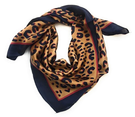 70cm x 70cmNavy Border Leopard Animal Print Pattern Square Scarf Big Ladies Womens Faux Silk Head Neck Thin Bag Charm
