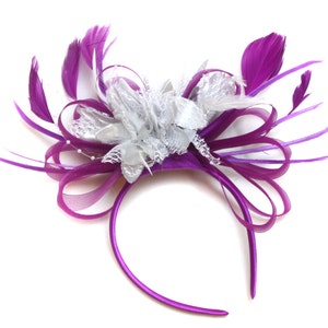 Caprilite Plum Magenta and Silver Fascinator on Headband Alice Band UK Wedding Ascot Races Loop