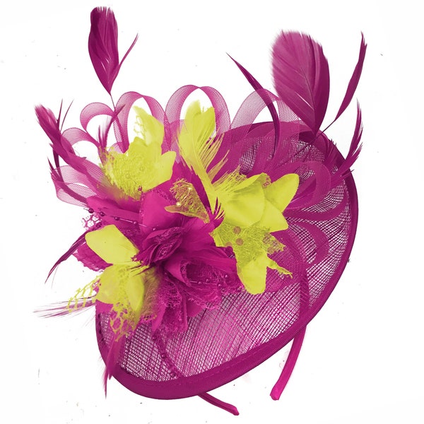 Caprilite Fuchsia Hot Pink and Yellow Sinamay Disc Saucer Fascinator Hat for Women Weddings Headband