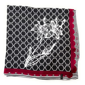 70cm x 70cm Red and White Black Monogram Flower  Print Pattern Square Scarf Big Ladies Womens Faux Silk Head Neck Thin Bag Charm