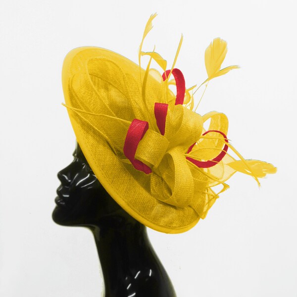 Caprilite Big Saucer Sinamay Yellow & Red Mixed Colour Fascinator On Headband Wedding Derby Ascot Races Ladies Hat