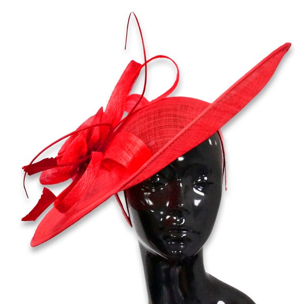 Caprilite 41 cm Soucoupe Sinamay Rouge Fascinateur sur Bandeau Mariage Derby Ascot Courses Dames Chapeau Grand