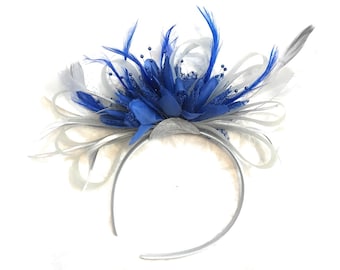 Caprilite Grey Silver & Royal Blue Fascinator on Headband AliceBand UK Wedding Ascot Races Loop