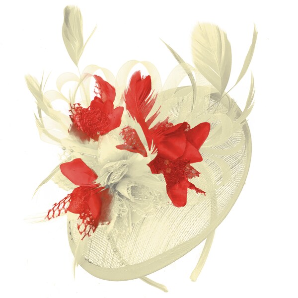 Caprilite Cream and Red Sinamay Disc Saucer Fascinator Hat for Women Weddings Headband
