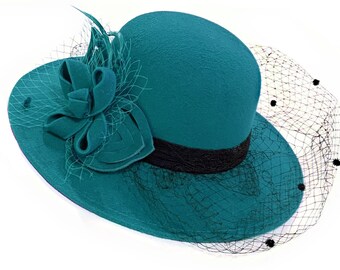 Teal Large Brim Felt Fedora Formal Hat Wool Mix Occasion Birdcage Veil Netting Hatinator Fascinator