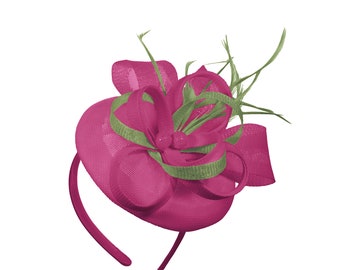 Round Fuchsia and Sage Pillbox Mix Bow Sinamay Bandeau Fascinator Mariages Ascot Hatinator Races