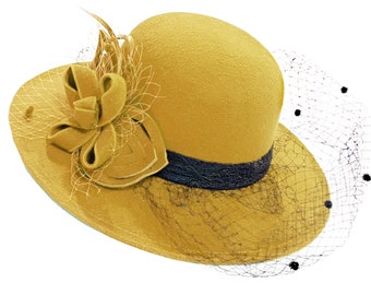 Yellow Muatard Large Brim Felt Fedora Formal Hat Wool Mix Occasion Birdcage Veil Netting Hatinator Fascinator