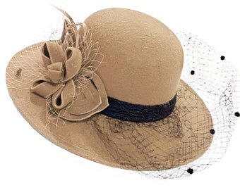 Beige Brown Large Brim Felt Fedora Formal Hat Wool Mix Occasion Birdcage Veil Netting Hatinator Fascinator
