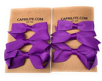 6 (3 pares) Cadbury Purple Girls Kids Small Hair Bow Clips Grips - School Uniform Colours Grosgrain Ribbon