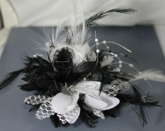 Caprilite Black and White Fascinator on Black Headband Flower Corsage