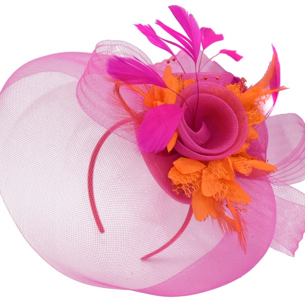 Caprilite Fuchsia Hot Pink und Orange Fascinator Hut Schleier Netz Haarspange Ascot Derby Rennen Hochzeit Stirnband Feder Blume